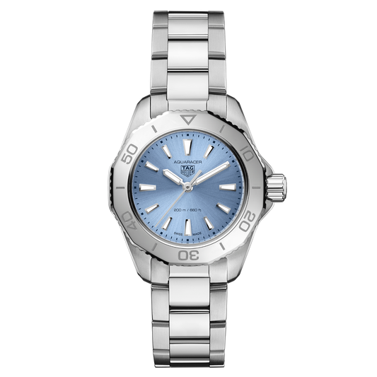 TAG Heuer Aquaracer watch with blue sunray dial and stainless steel bracelet