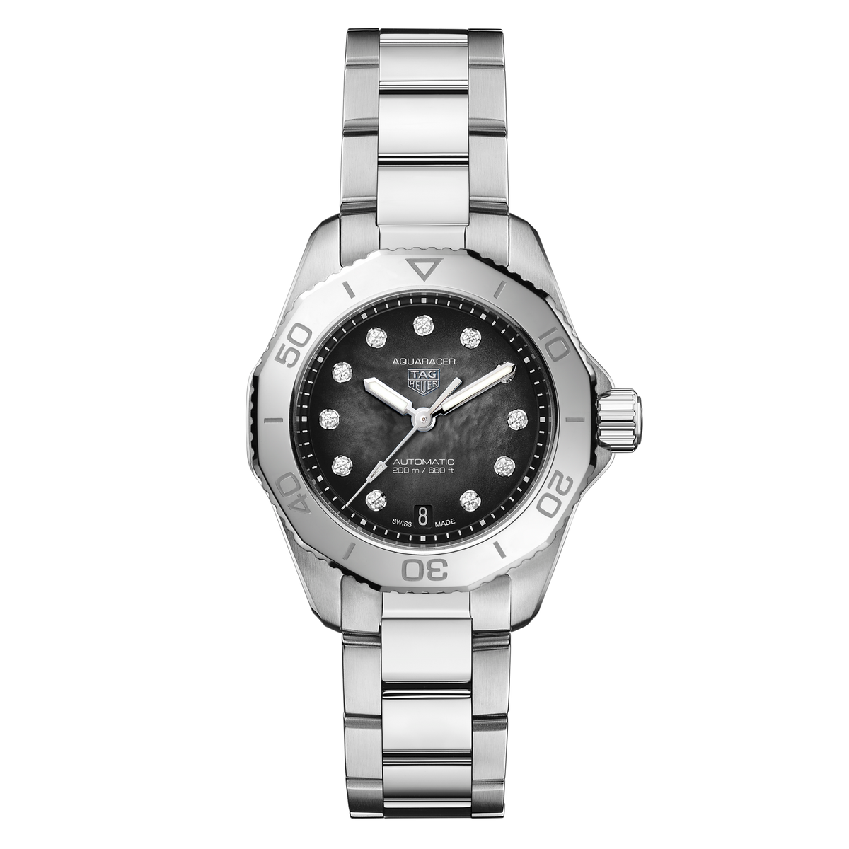 TAG Heuer Aquaracer watch with black dial, diamond hour markers and stainless steel bracelet