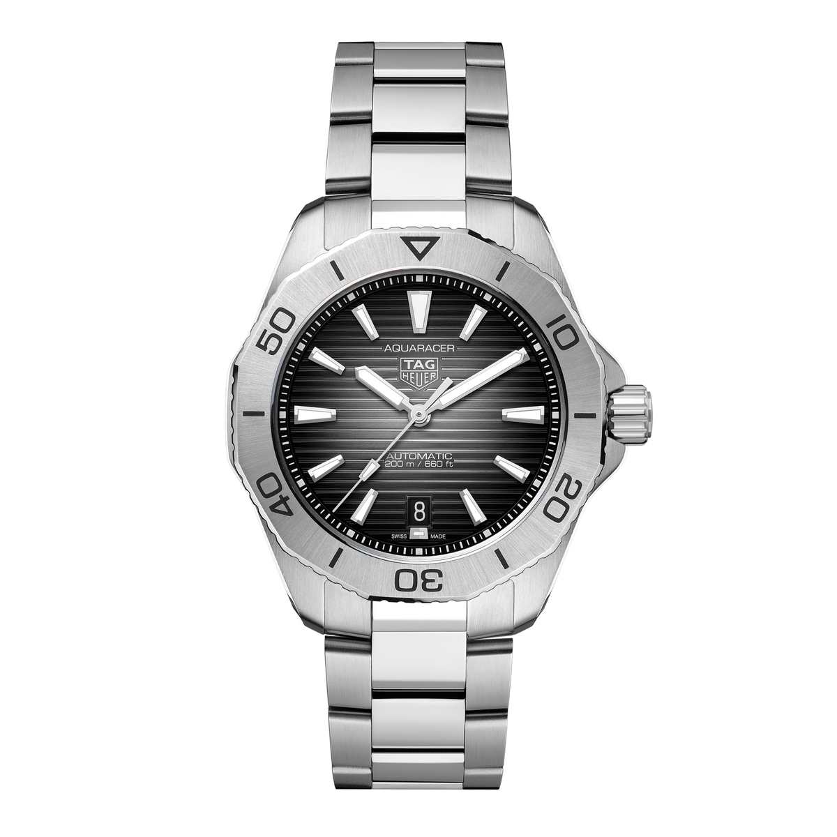 TAG Heuer Aquaracer watch with black horizontal textured dial, silver-tone bezel and stainless steel bracelet