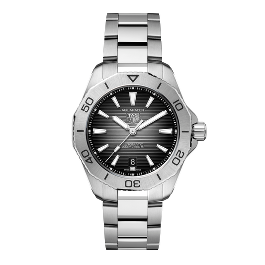 TAG Heuer Aquaracer watch with black horizontal textured dial, silver-tone bezel and stainless steel bracelet