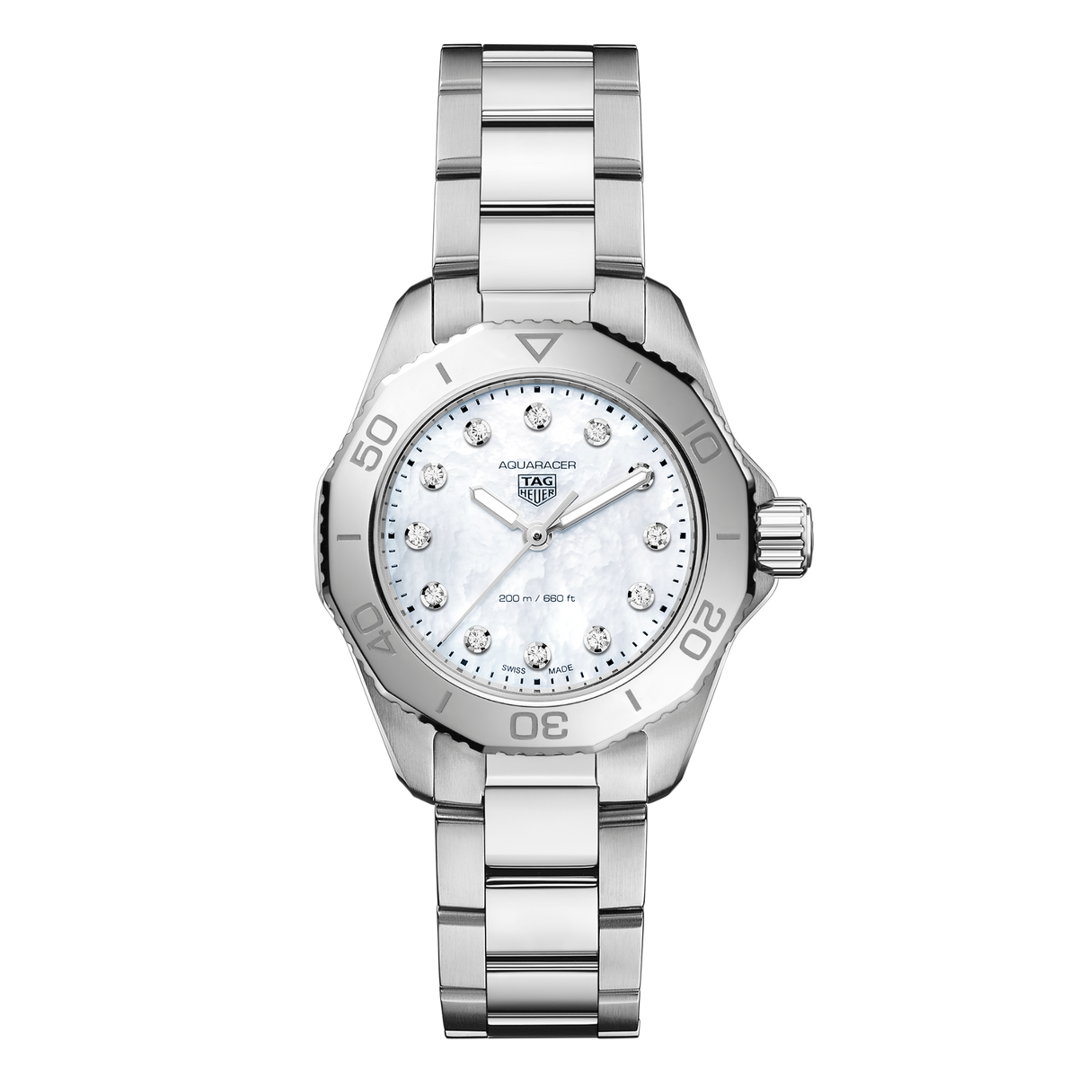 TAG Heuer Aquaracer watch with white mother-of-pearl dial, diamond hour markers and stainless steel bracelet