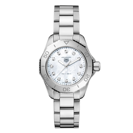 TAG Heuer Aquaracer watch with white mother-of-pearl dial, diamond hour markers and stainless steel bracelet