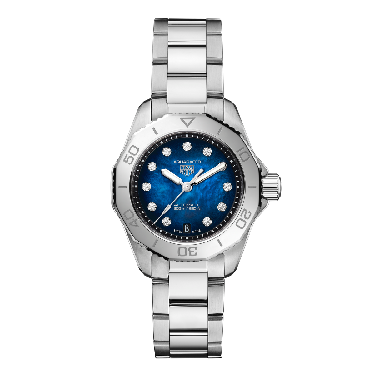 TAG Heuer Aquaracer watch with blue dial, diamond hour markers and stainless steel bracelet