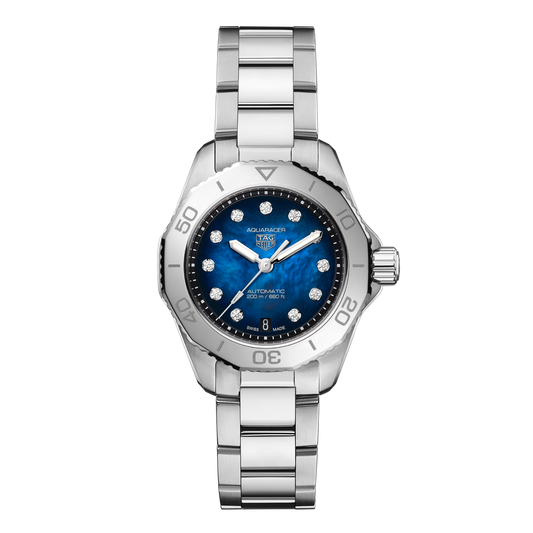 TAG Heuer Aquaracer watch with blue dial, diamond hour markers and stainless steel bracelet