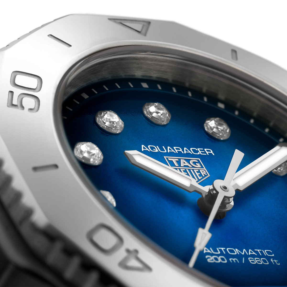 full view of TAG Heuer Aquaracer showcasing the brushed and polished steel bracelet and robust case design