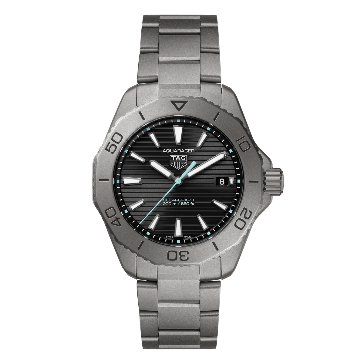TAG Heuer Aquaracer Solargraph watch with black horizontal textured dial, matte grey titanium case and matching bracelet