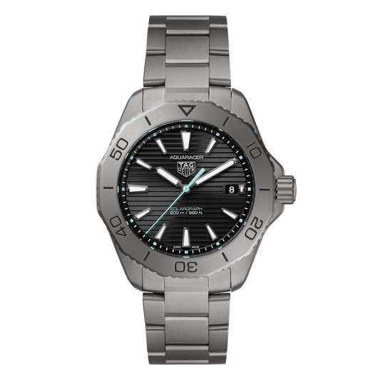 TAG Heuer Aquaracer Solargraph watch with black horizontal textured dial, matte grey titanium case and matching bracelet