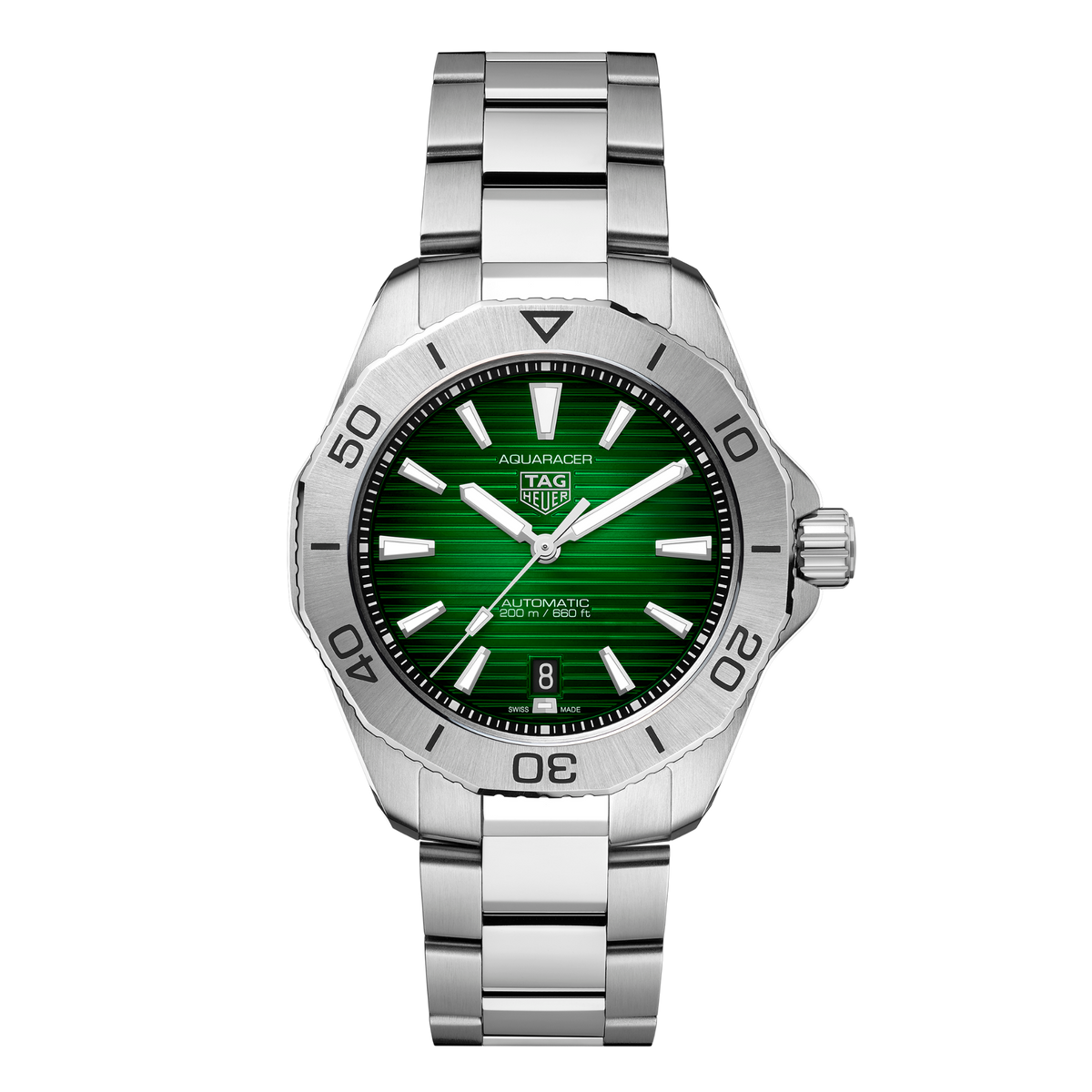 TAG Heuer Aquaracer watch with vibrant green horizontal textured dial, stainless steel bezel and brushed steel bracelet