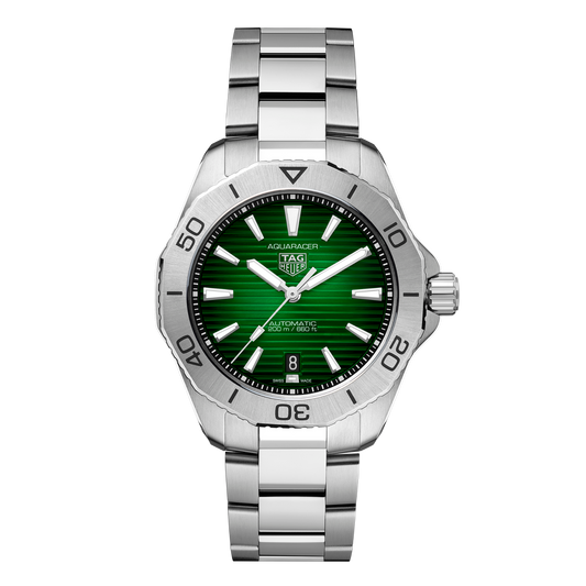 TAG Heuer Aquaracer watch with vibrant green horizontal textured dial, stainless steel bezel and brushed steel bracelet