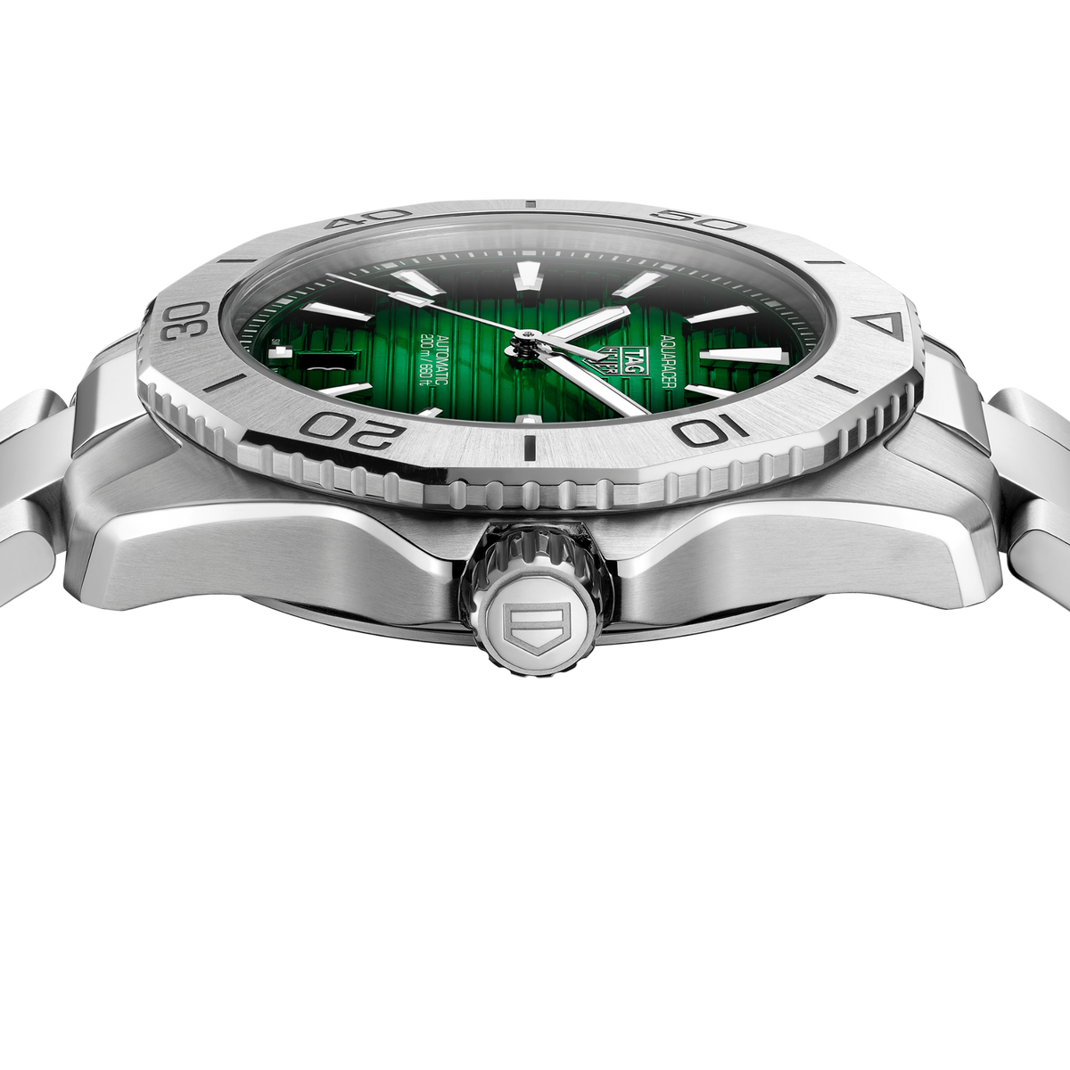 full view of the Aquaracer highlighting the integrated stainless steel bracelet and solid, sporty case construction