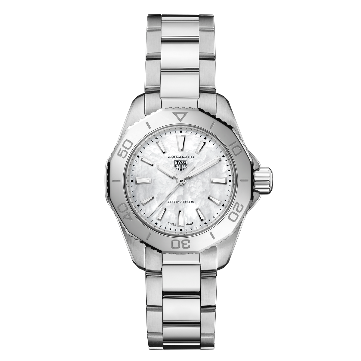 TAG Heuer Aquaracer watch with white mother-of-pearl dial and stainless steel bracelet