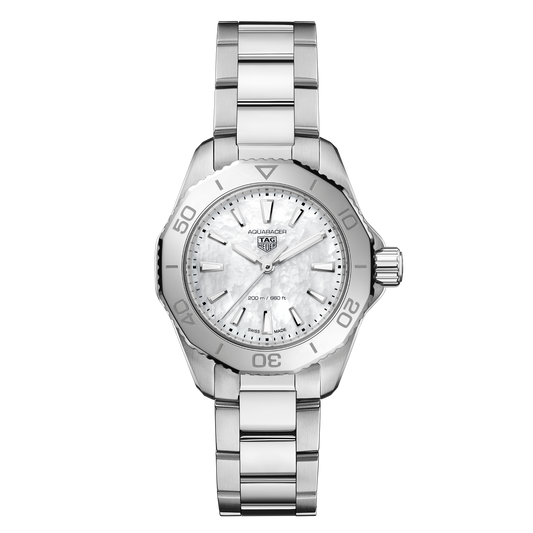 TAG Heuer Aquaracer watch with white mother-of-pearl dial and stainless steel bracelet