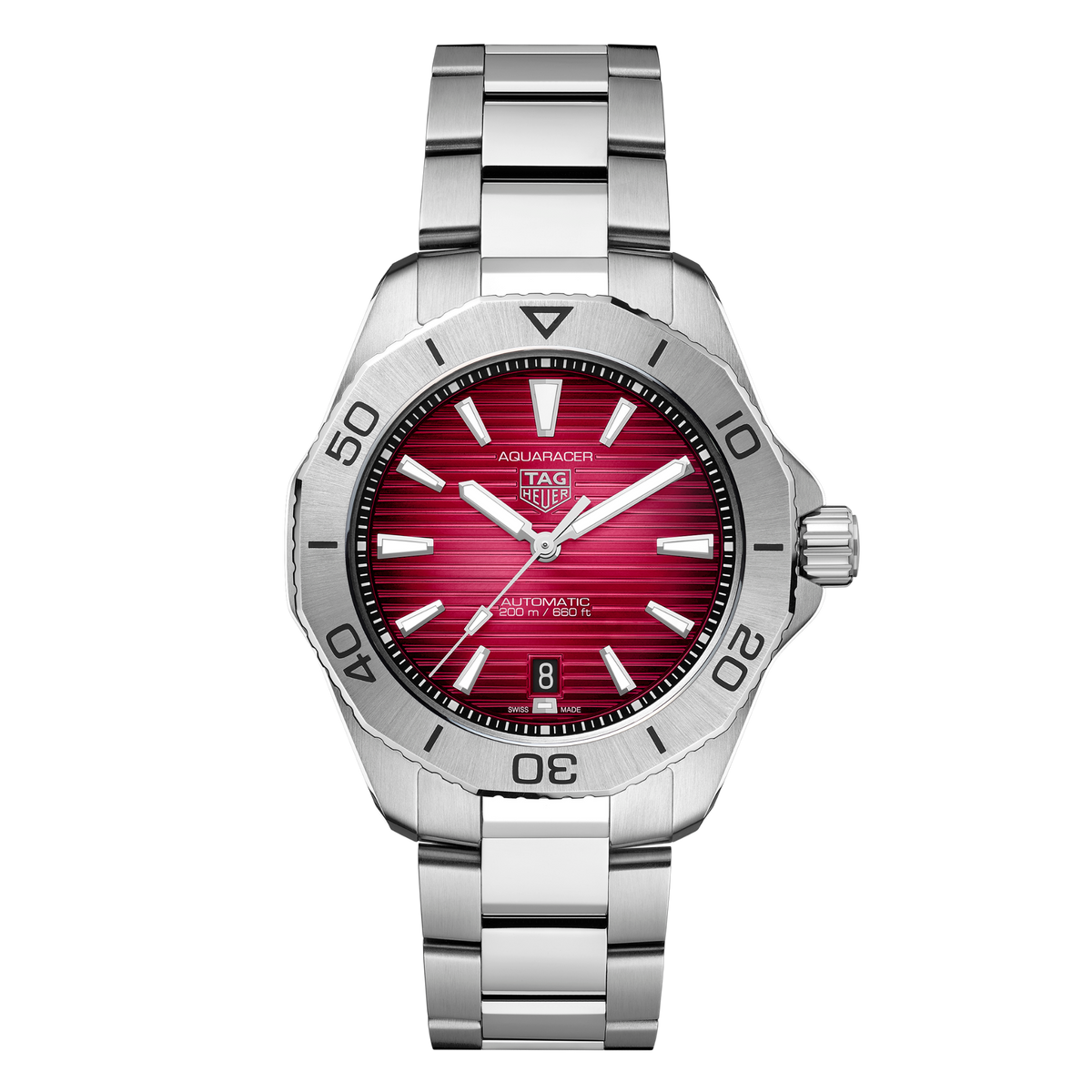 TAG Heuer Aquaracer watch with bold red horizontal textured dial, stainless steel bezel and brushed steel bracelet