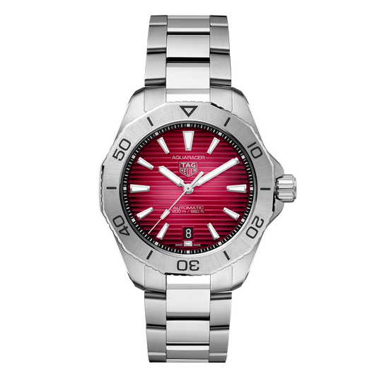 TAG Heuer Aquaracer watch with bold red horizontal textured dial, stainless steel bezel and brushed steel bracelet
