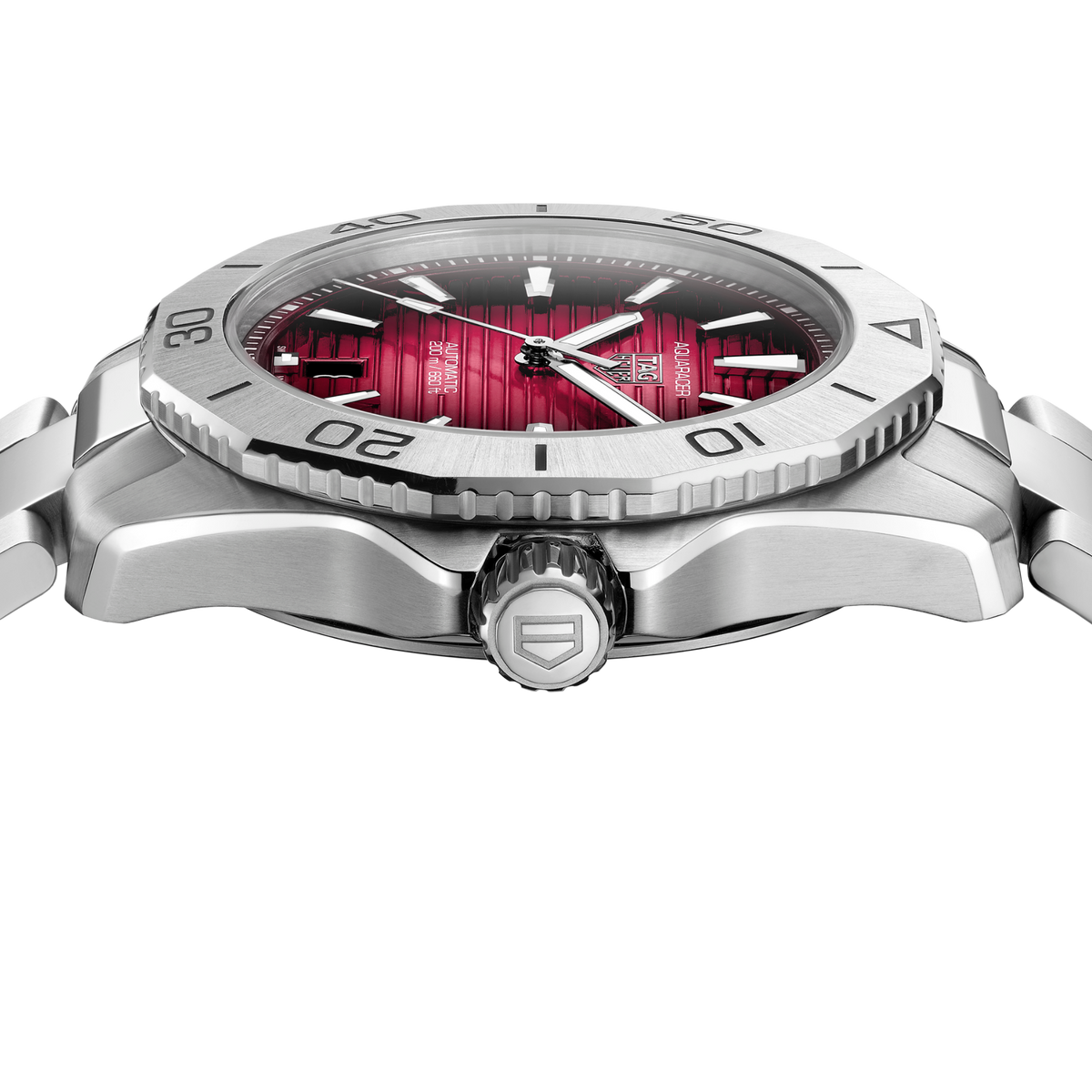 full view of the Aquaracer highlighting the strong angular case design and integrated stainless steel bracelet