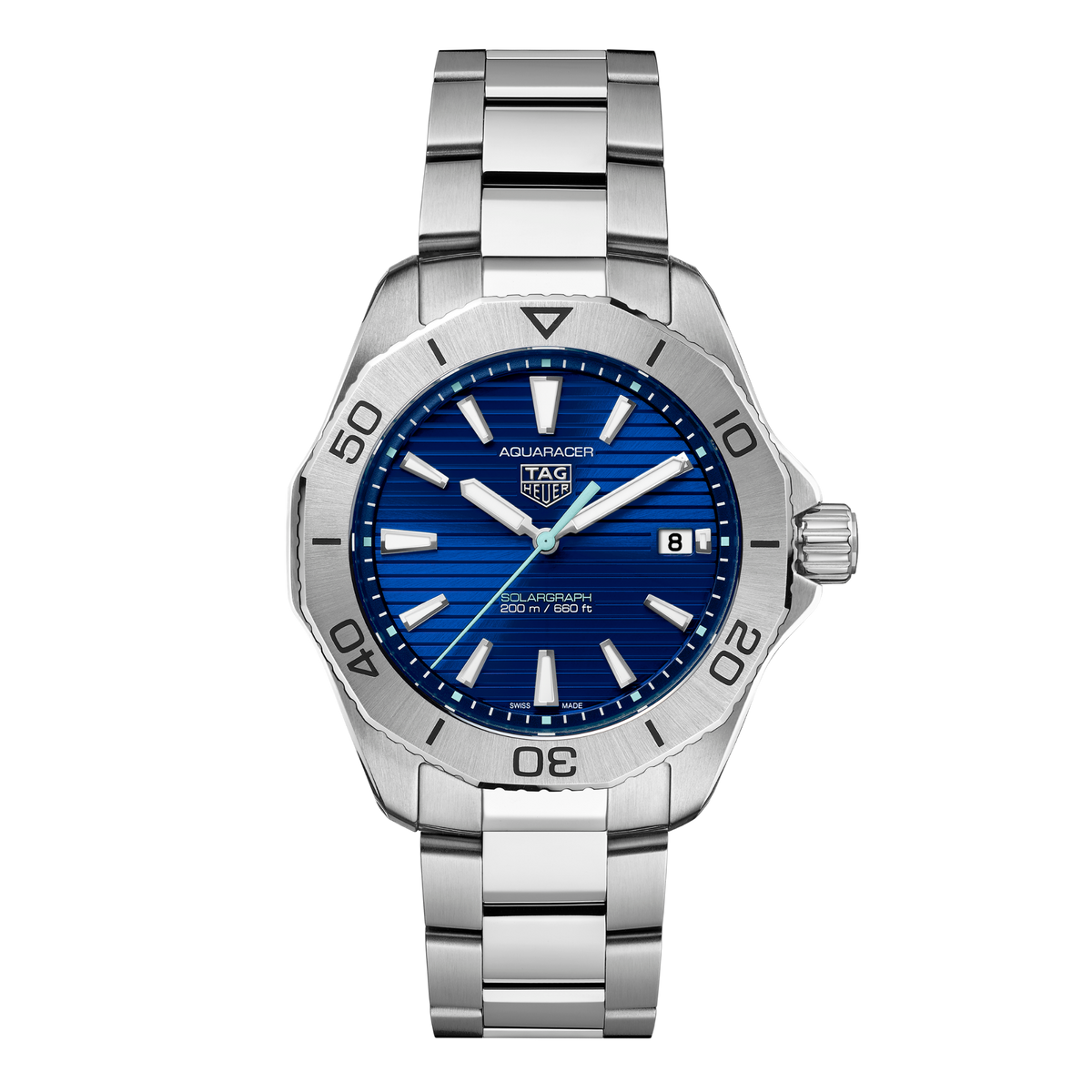 TAG Heuer Aquaracer Solargraph watch with striking blue horizontal brushed dial, stainless steel case and matching steel bracelet