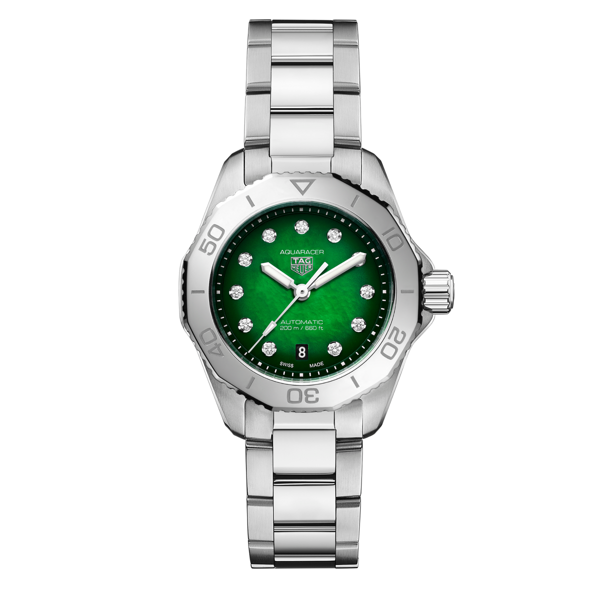 TAG Heuer Aquaracer watch with blue sunray dial, diamond hour markers and stainless steel bracelet