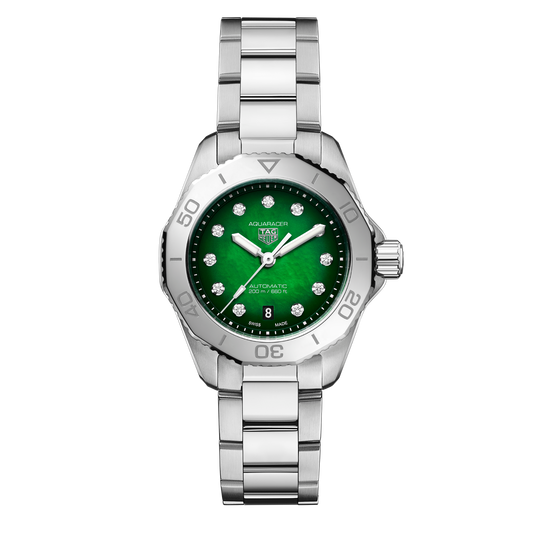 TAG Heuer Aquaracer watch with blue sunray dial, diamond hour markers and stainless steel bracelet