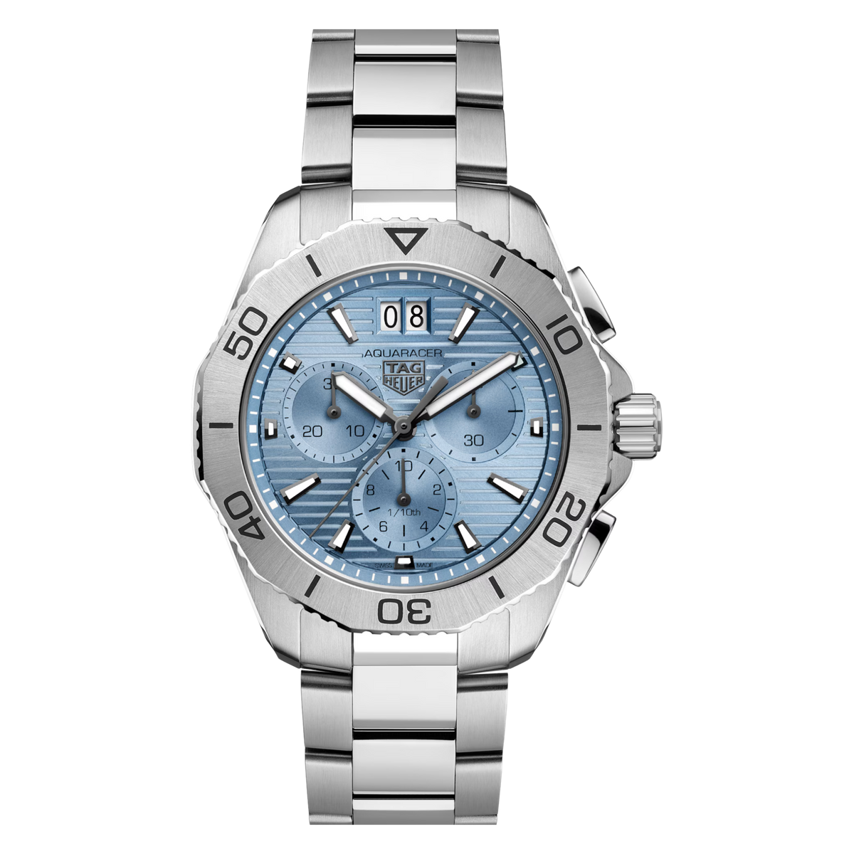 TAG Heuer Aquaracer Professional 200 Date combining a 40mm stainless steel case with a light blue sunray-brushed dial and precise quartz movement.