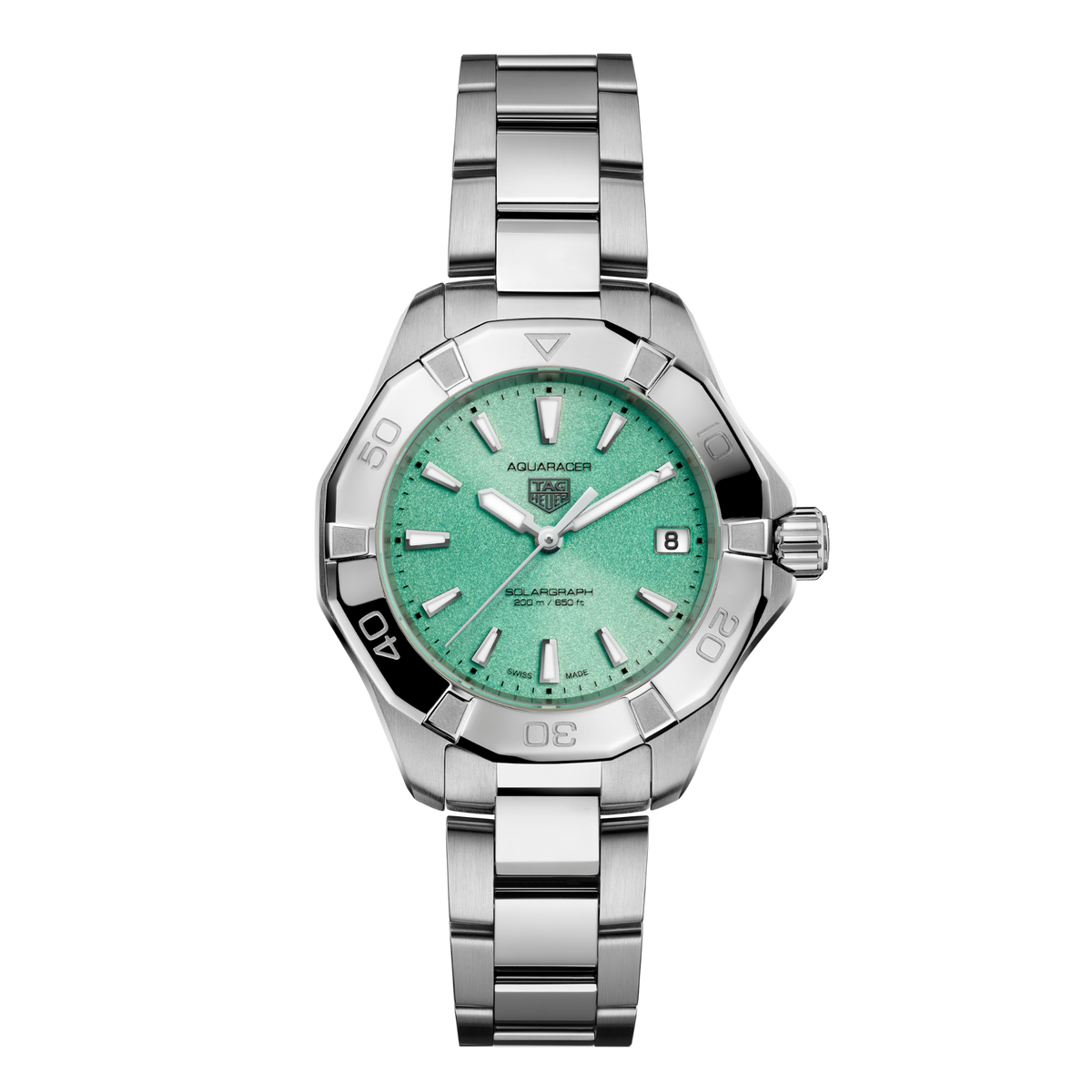 TAG Heuer Aquaracer Solargraph watch with green sunray dial, stainless steel bezel and stainless steel bracelet
