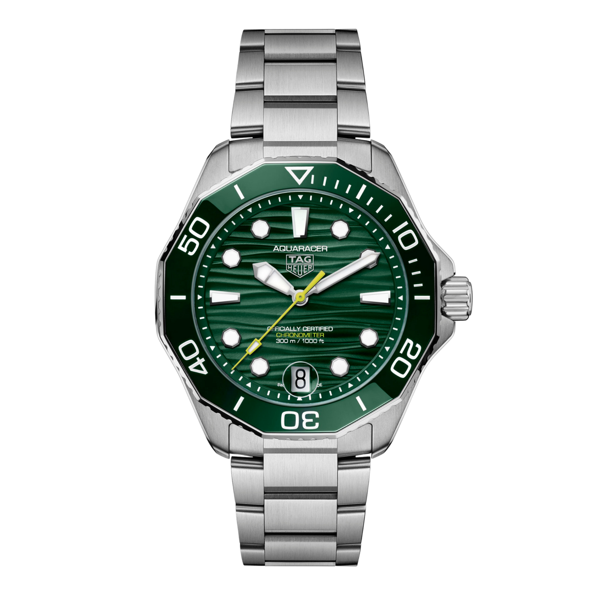 TAG Heuer Aquaracer Professional green dial watch featuring a bold wave-pattern green dial, luminous octagonal hour markers, and a unidirectional dive bezel, paired with a stainless steel bracelet