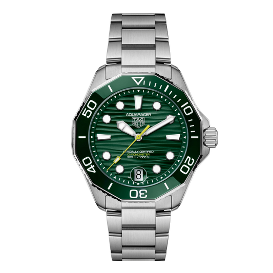 TAG Heuer Aquaracer Professional green dial watch featuring a bold wave-pattern green dial, luminous octagonal hour markers, and a unidirectional dive bezel, paired with a stainless steel bracelet