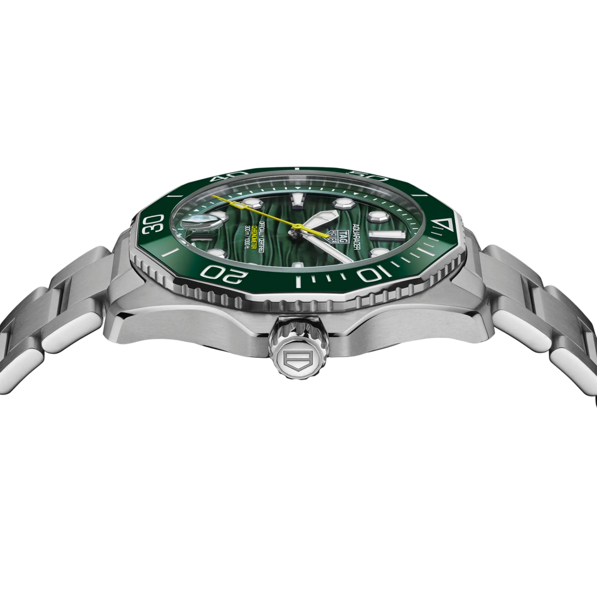 side angle of the case revealing the screw-down crown, robust dive bezel, and durable case design engineered for professional water resistance and everyday wear