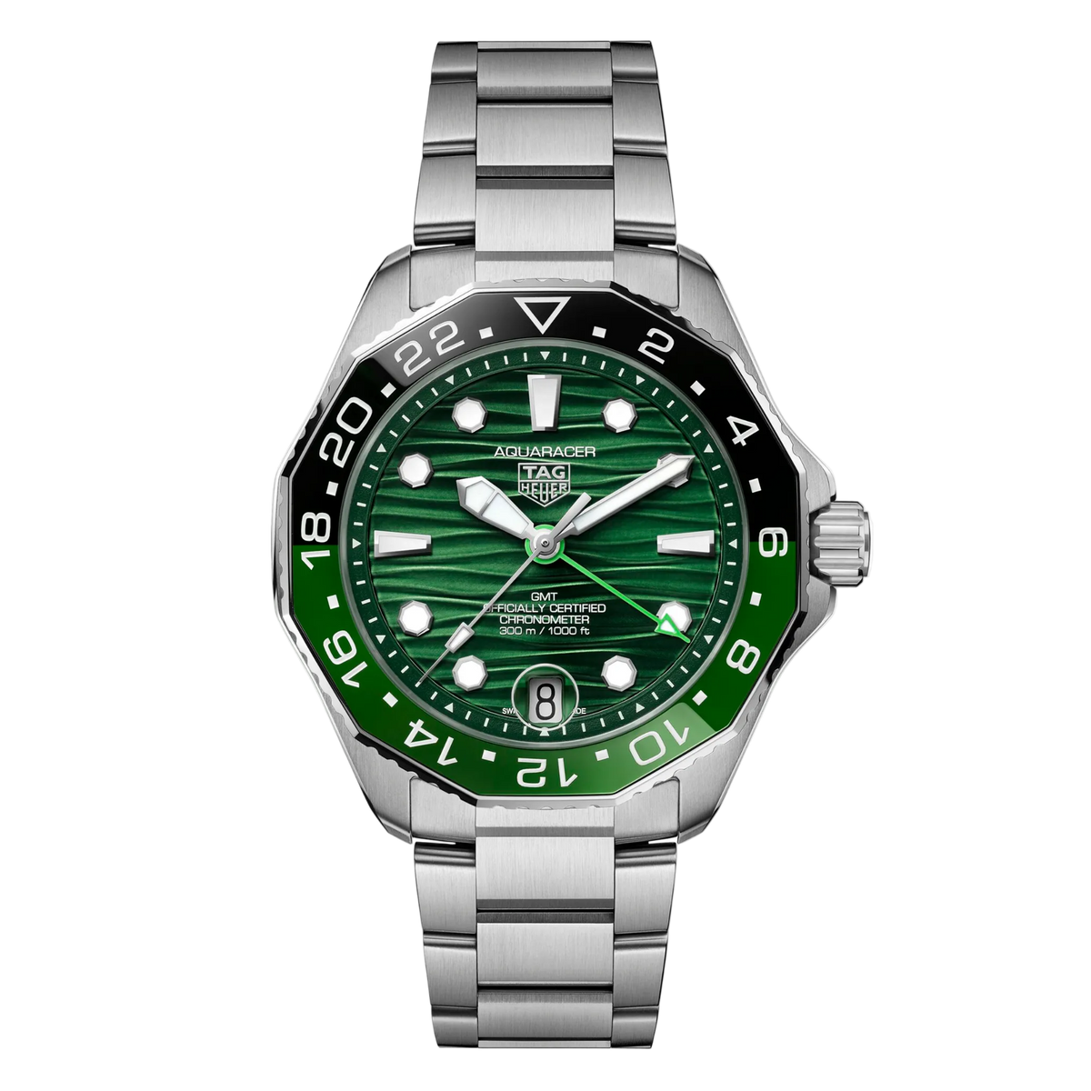 TAG Heuer Aquaracer GMT green dial watch featuring a striking wave-pattern green dial, bold luminous hour markers, and a bi-colour 24-hour bezel for tracking a second time zone, finished with a stainless steel bracelet