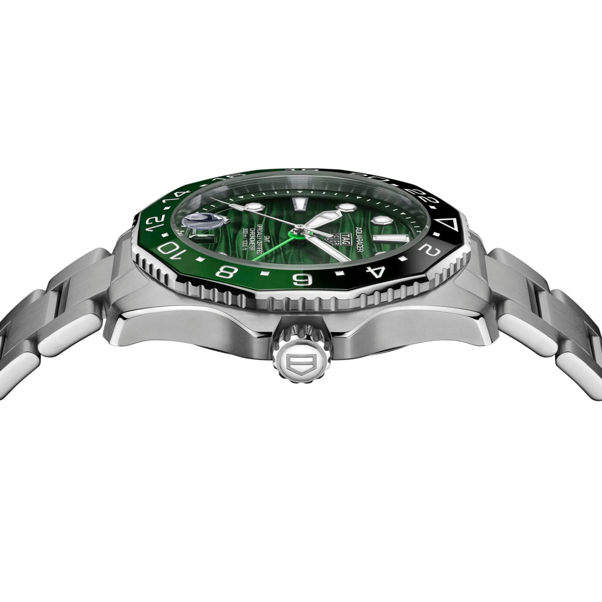 side angle of the case revealing the screw-down crown, robust GMT bezel, and durable case design built for travel and water-ready performance