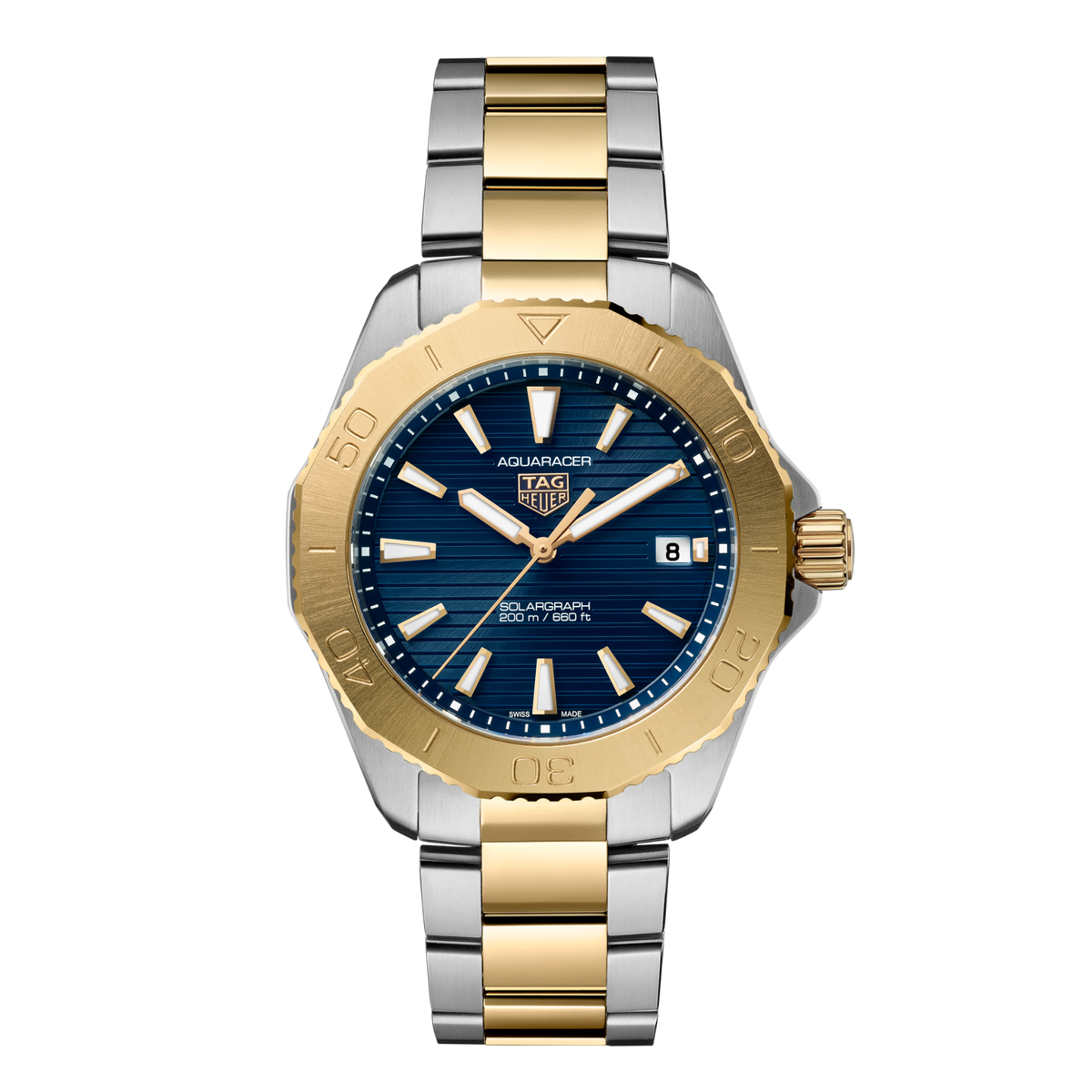 TAG Heuer Aquaracer Solargraph watch with deep blue horizontal textured dial, gold-tone bezel and two-tone stainless steel and yellow gold bracelet