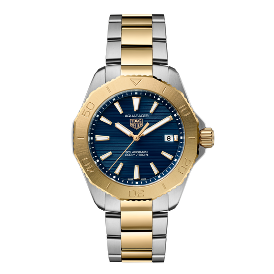 TAG Heuer Aquaracer Solargraph watch with deep blue horizontal textured dial, gold-tone bezel and two-tone stainless steel and yellow gold bracelet