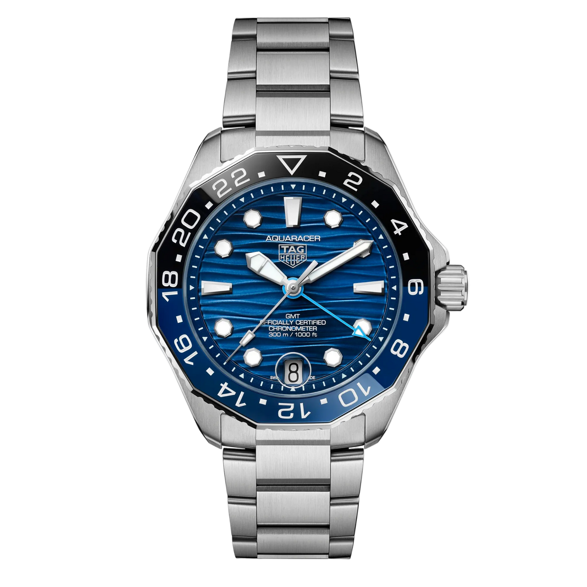TAG Heuer Aquaracer GMT blue dial watch featuring a wave-pattern blue dial, bold luminous markers, and a bi-colour 24-hour bezel for tracking a second time zone, paired with a stainless steel bracelet