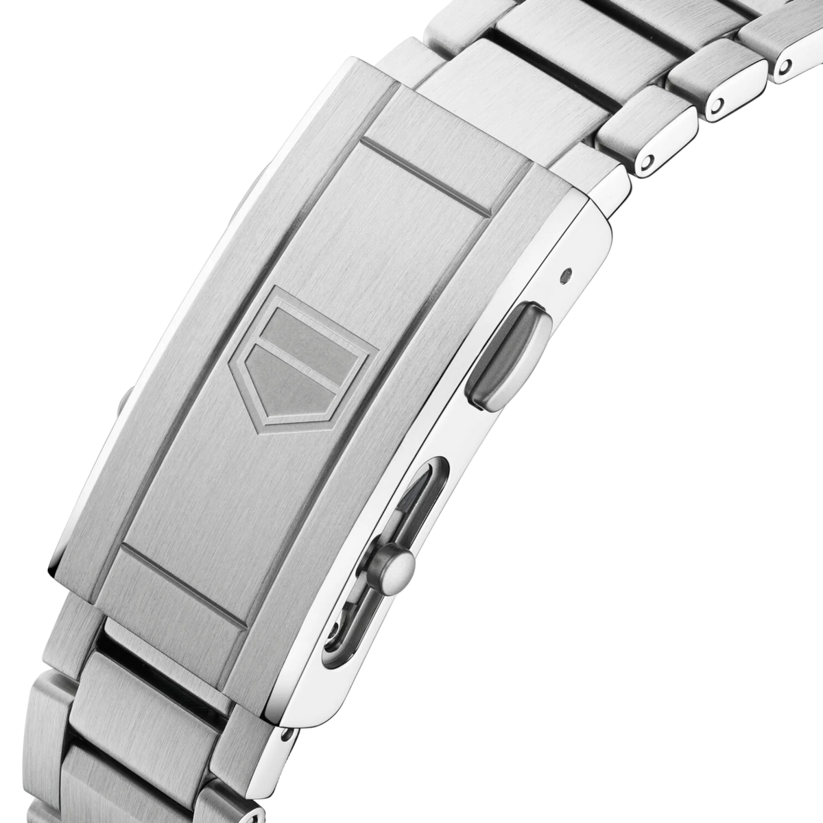 view of the stainless steel bracelet, highlighting its solid link construction and brushed finish for a secure, comfortable fit