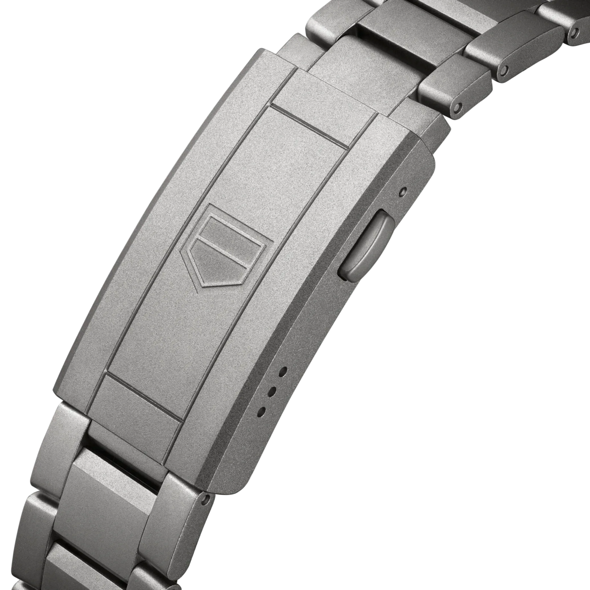 view of the stainless steel bracelet and clasp, showing its solid link construction built for comfort and durability on the wrist