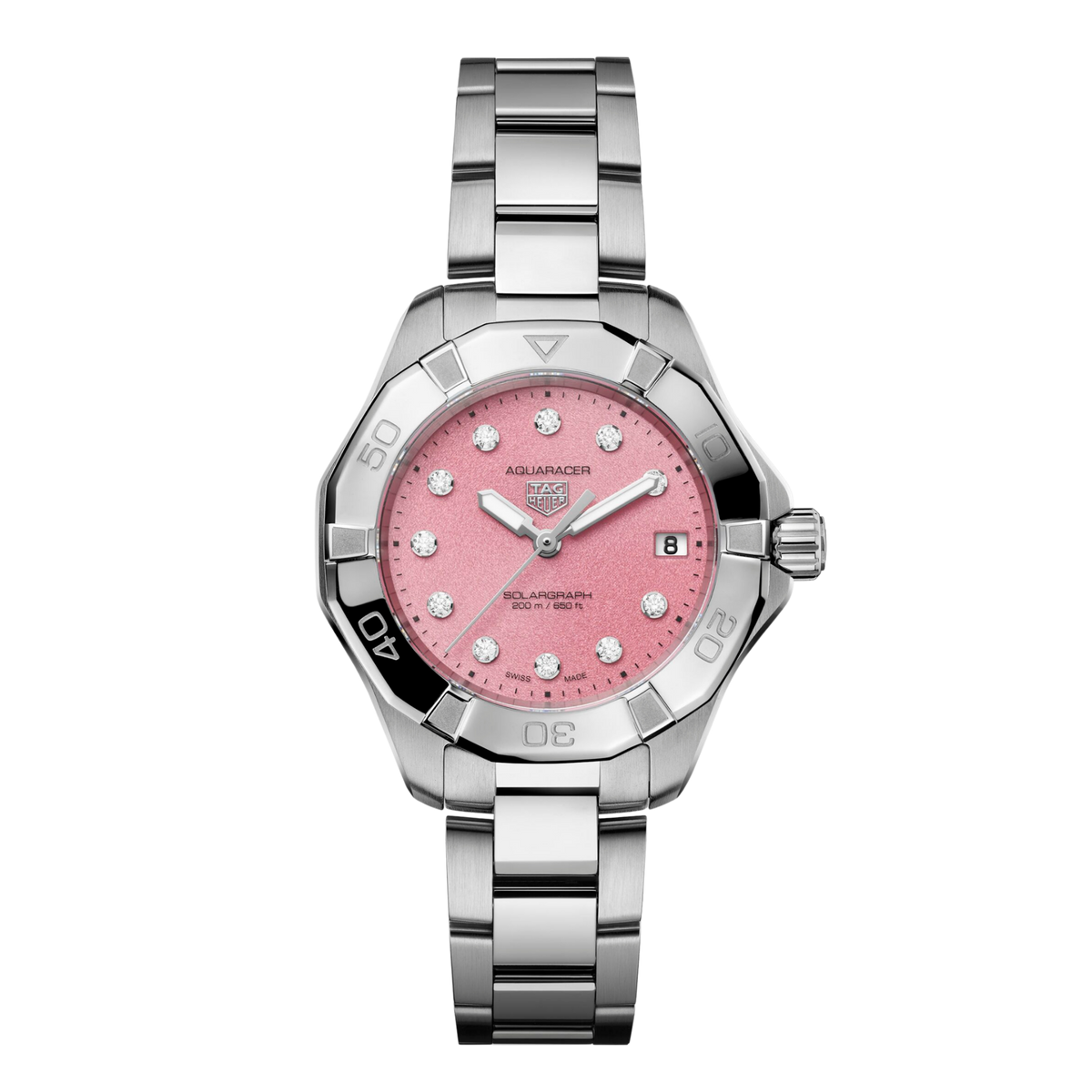 TAG Heuer Aquaracer Solargraph watch with pink textured dial, diamond hour markers, date window at 3 o’clock, steel bezel with black accents, and stainless steel bracelet