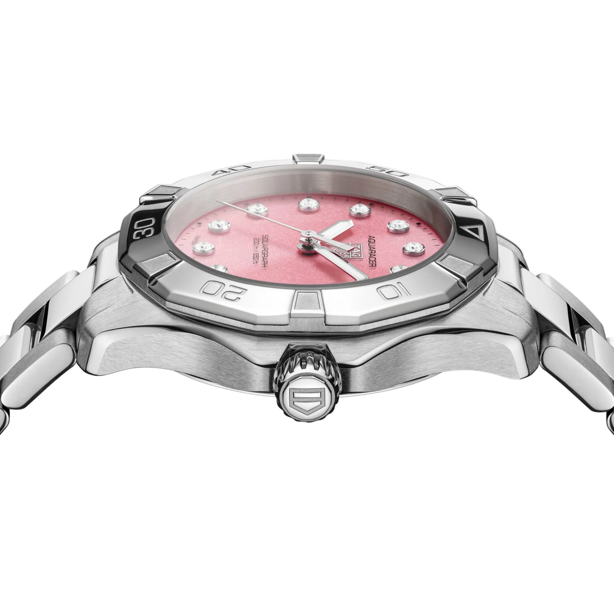 side angle view of the steel case featuring the crown, angular Aquaracer bezel design, and sporty yet elegant profile