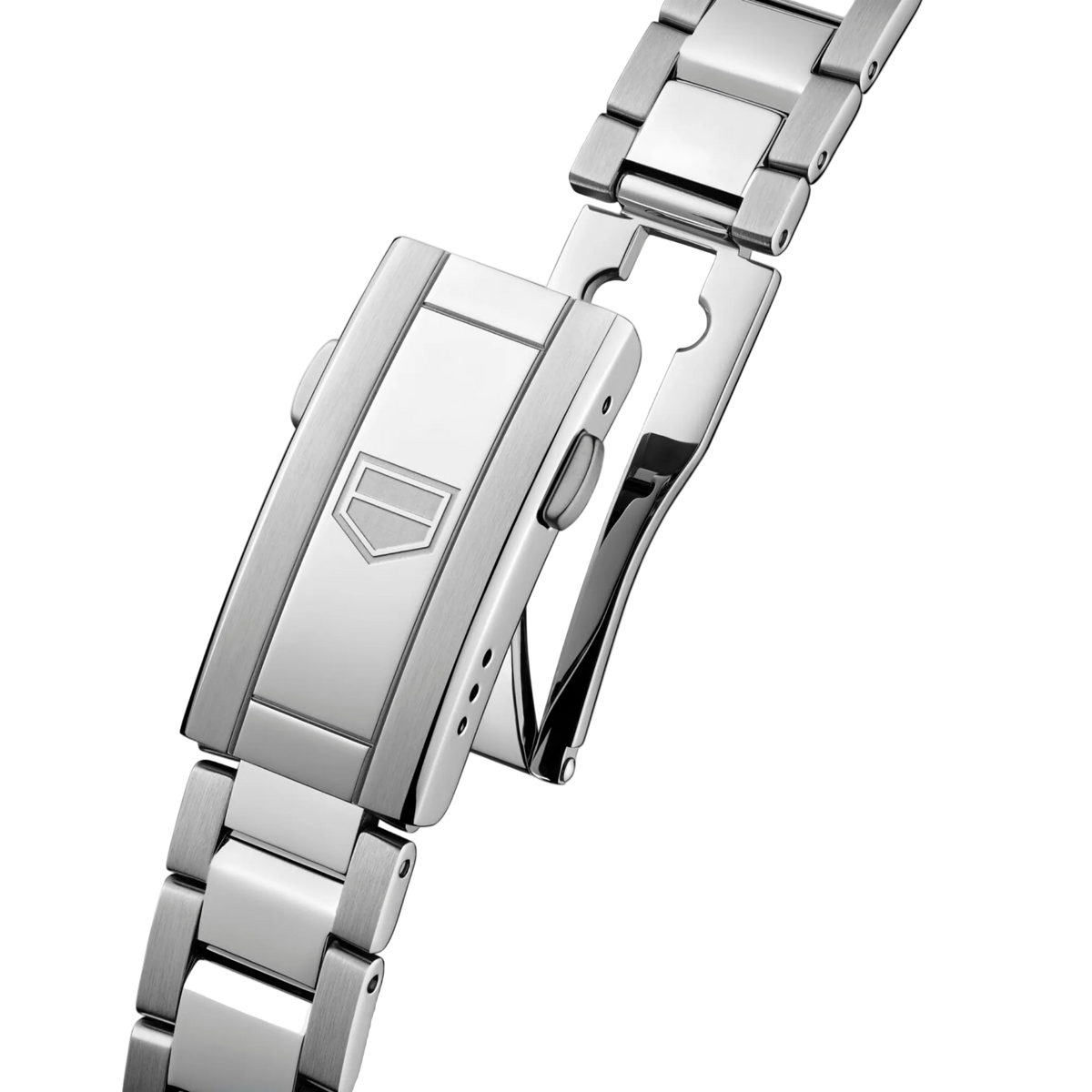 rear view showcasing the stainless steel bracelet with a secure clasp, offering durability and everyday comfort