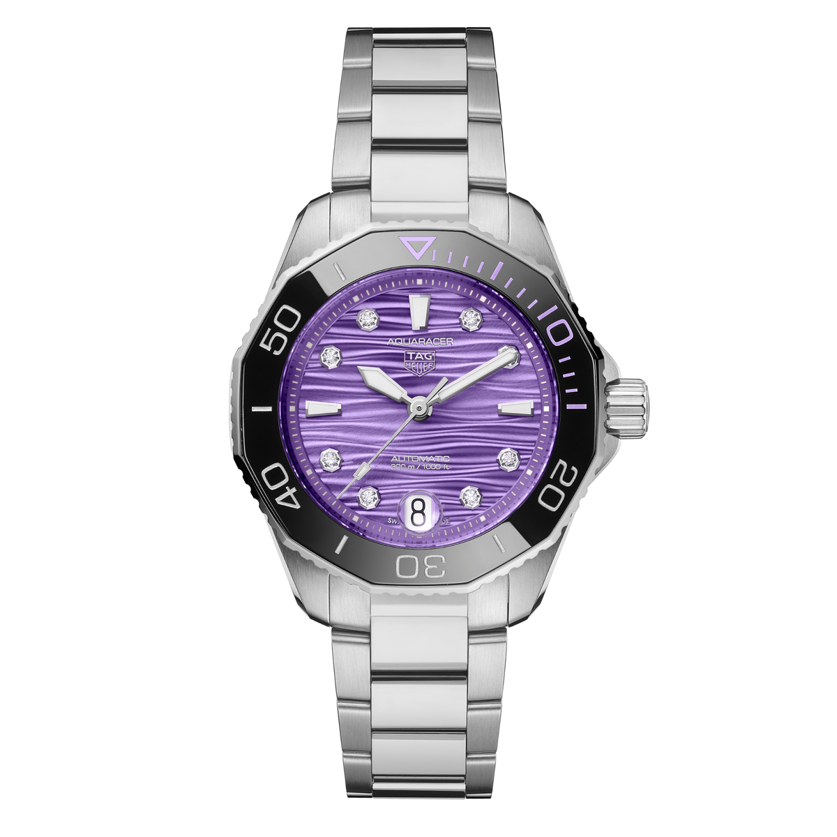 TAG Heuer Aquaracer watch with purple textured dial, diamond hour markers, black bezel and stainless steel bracelet