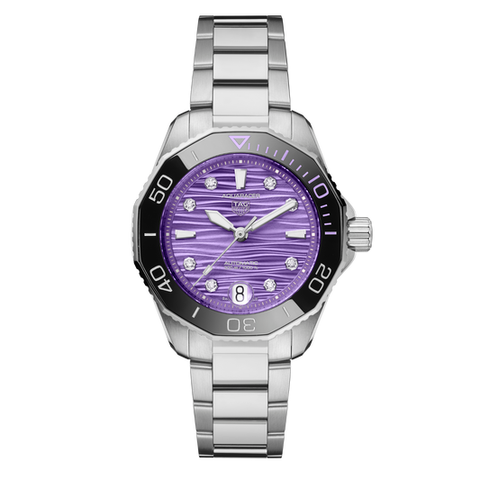TAG Heuer Aquaracer watch with purple textured dial, diamond hour markers, black bezel and stainless steel bracelet