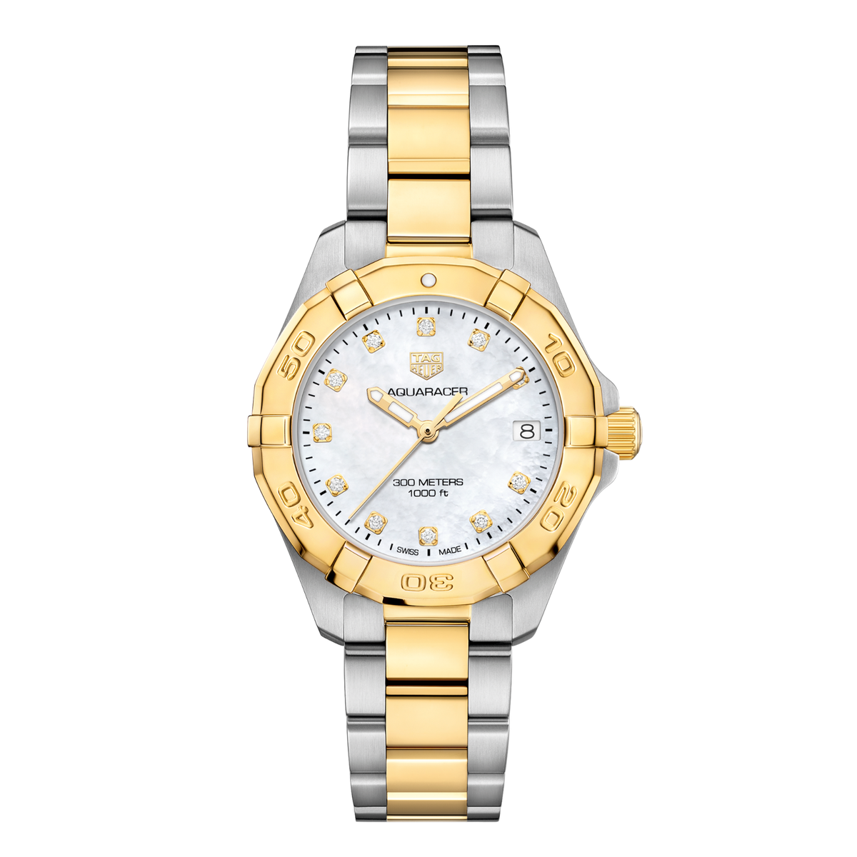 TAG Heuer Aquaracer watch with white mother-of-pearl dial, diamond hour markers, yellow gold bezel and two-tone steel and yellow gold bracelet