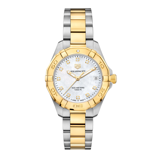 TAG Heuer Aquaracer watch with white mother-of-pearl dial, diamond hour markers, yellow gold bezel and two-tone steel and yellow gold bracelet