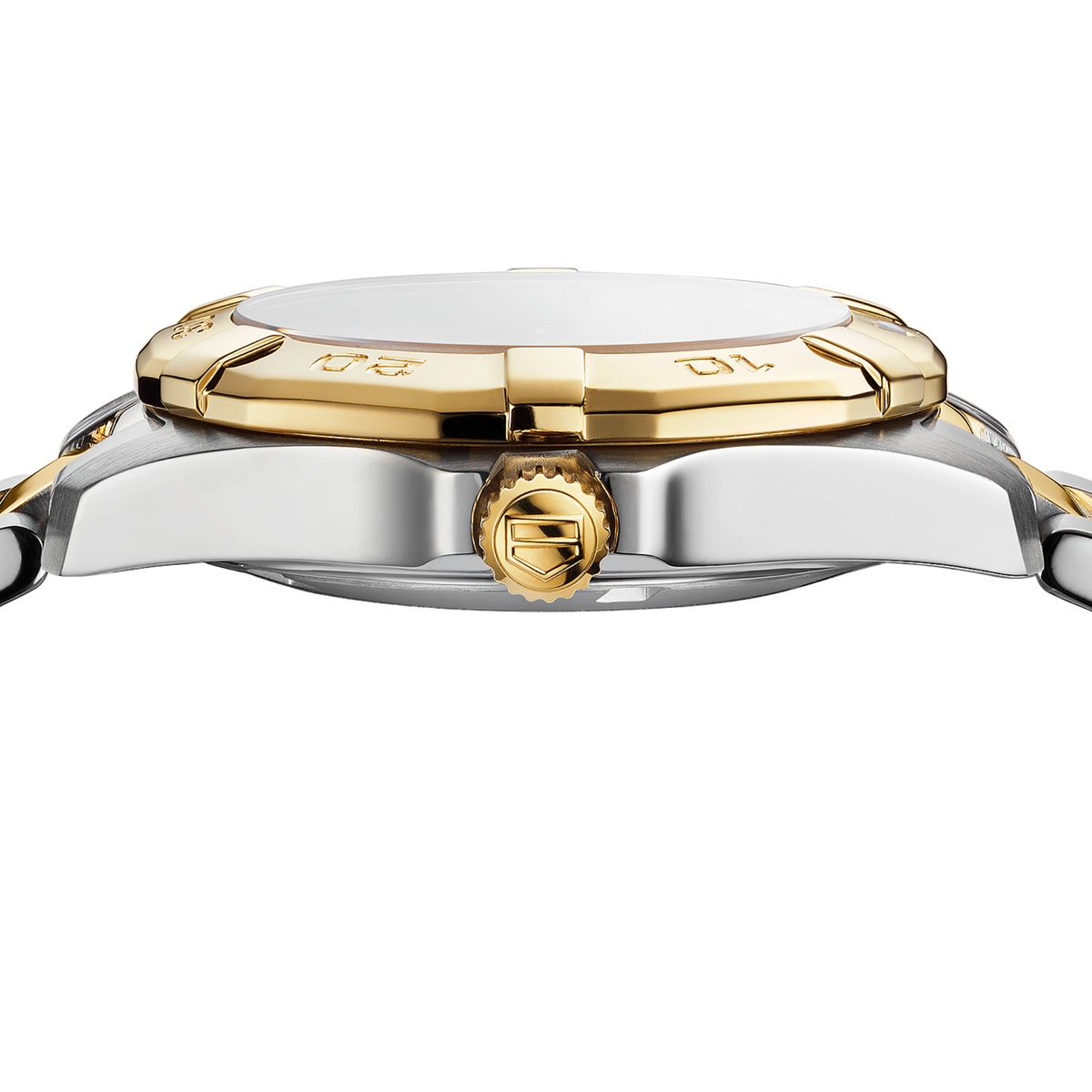 full view of the TAG Heuer Aquaracer highlighting the two-tone bracelet and robust, sporty case proportions