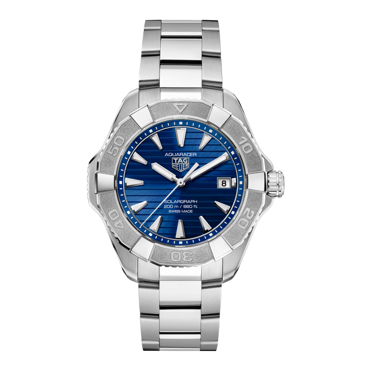 TAG Heuer Aquaracer Professional 200 Solargraph 40mm watch with blue sunray dial, stainless steel case and matching bracelet.