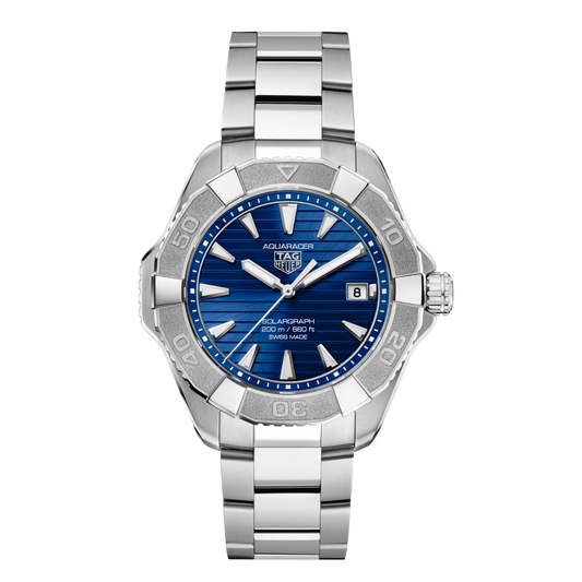 TAG Heuer Aquaracer Professional 200 Solargraph 40mm watch with blue sunray dial, stainless steel case and matching bracelet.