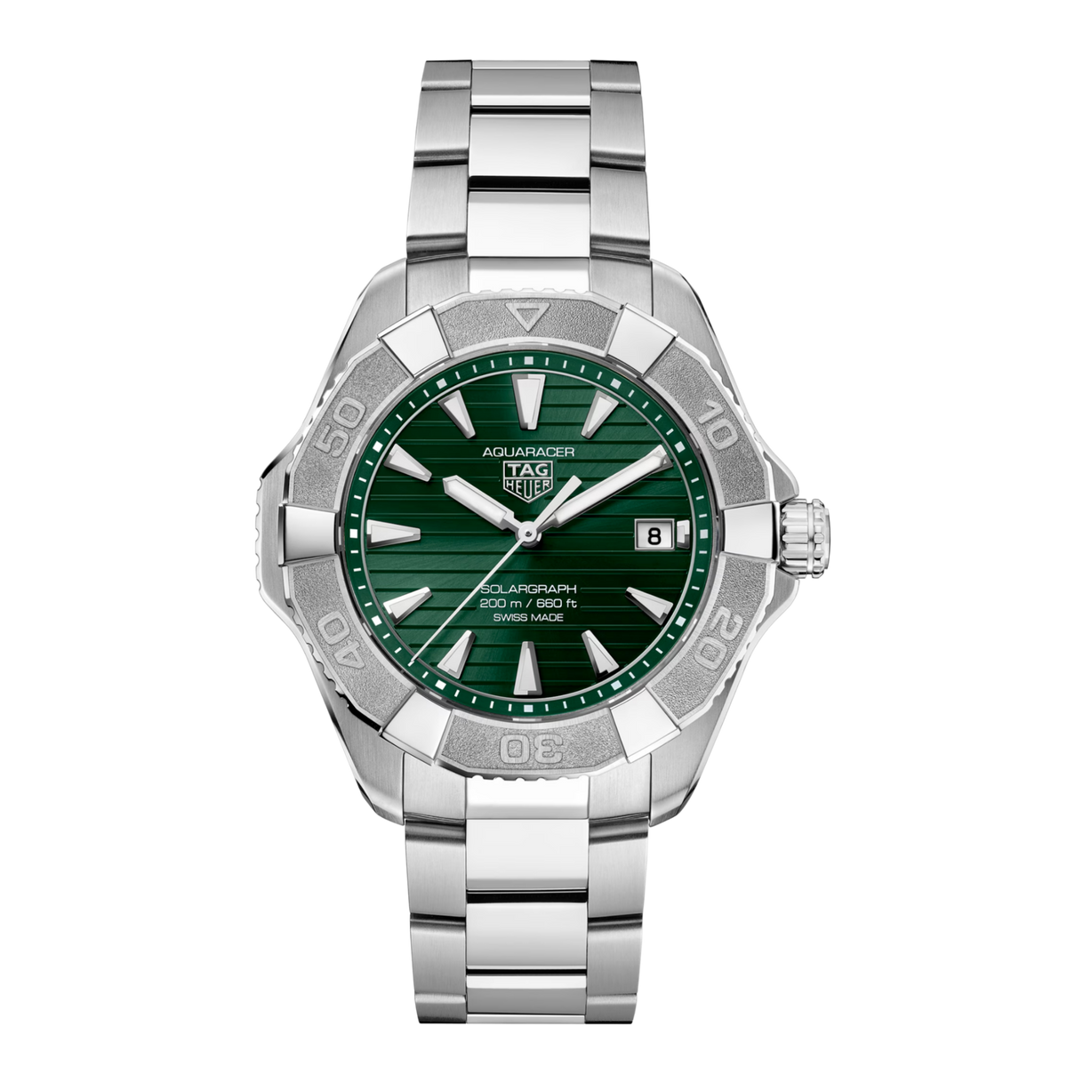 A bold green dial and polished steel case give this Aquaracer a strong, modern look. Powered by light, it’s built for everyday reliability with a sharp, sporty edge.
