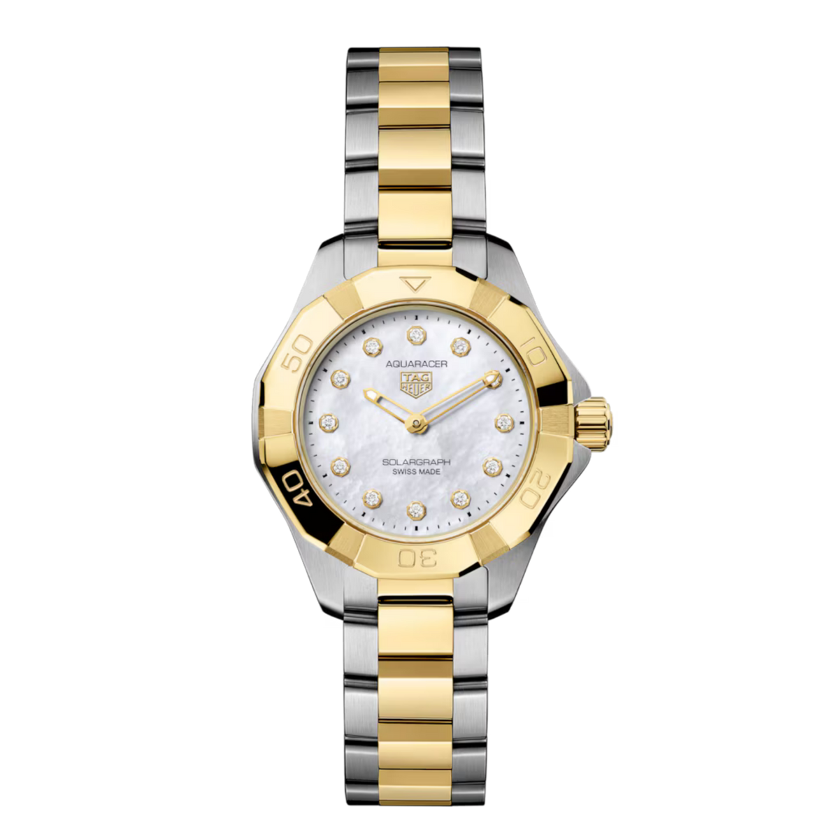 TAG Heuer Aquaracer Solargraph watch with a mother-of-pearl dial, diamond hour markers, and two-tone bracelet.
