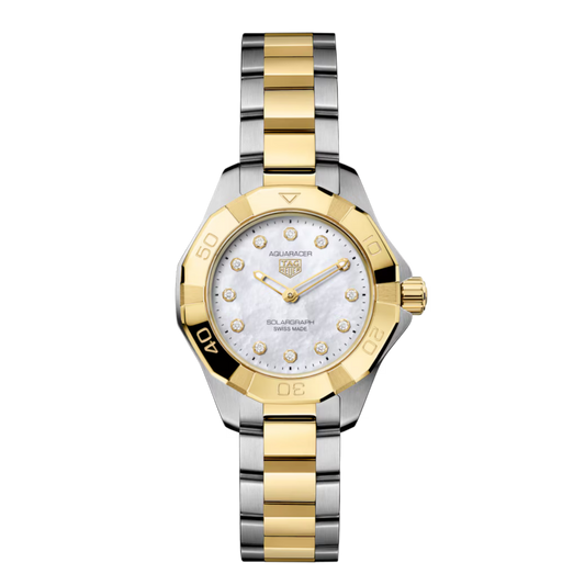 TAG Heuer Aquaracer Solargraph watch with a mother-of-pearl dial, diamond hour markers, and two-tone bracelet.