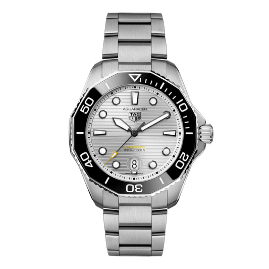 TAG Heuer Aquaracer Professional 300 43mm automatic watch with silver sunray dial, black ceramic bezel and stainless steel bracelet.
