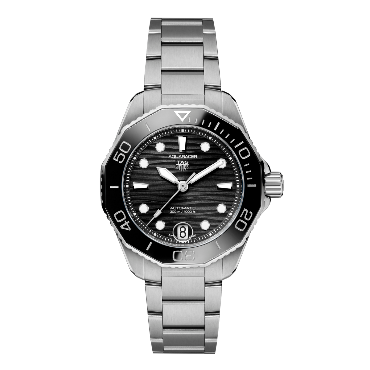 TAG Heuer Aquaracer watch with black textured dial, black bezel and stainless steel bracelet
