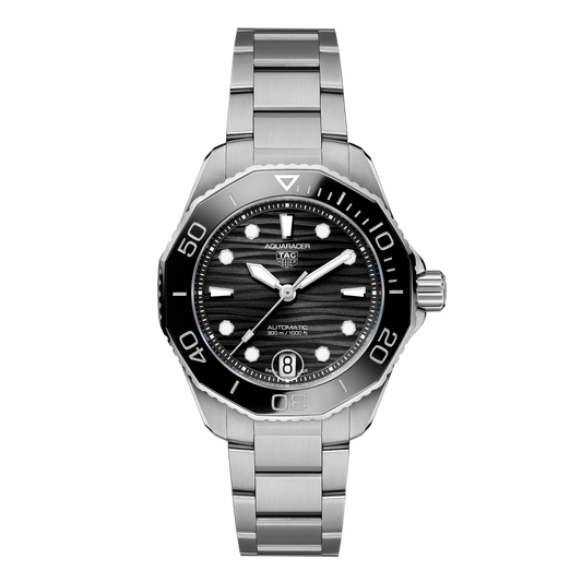 TAG Heuer Aquaracer watch with black textured dial, black bezel and stainless steel bracelet